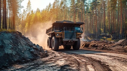 Large quarry dump truck. Dump truck carrying coal, sand and rock. Trucks moving on dirt country road in forest. Mining truck mining machinery to transport coal from open-pit. Transportation of mineral