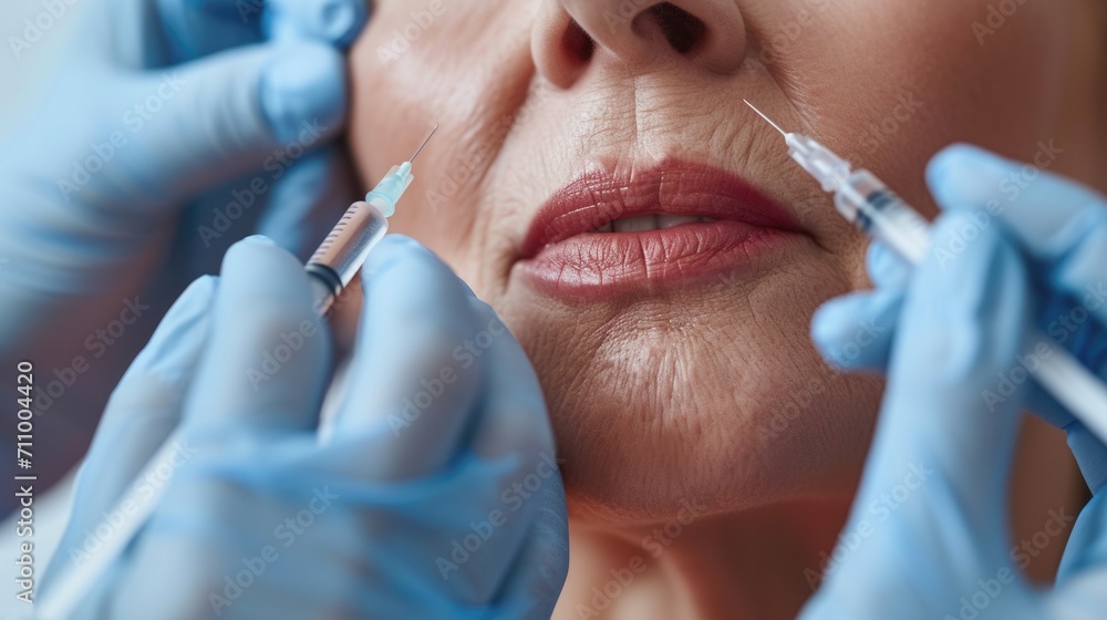 Poster a close-up view of a person receiving a medical injection. this image can be used to illustrate heal