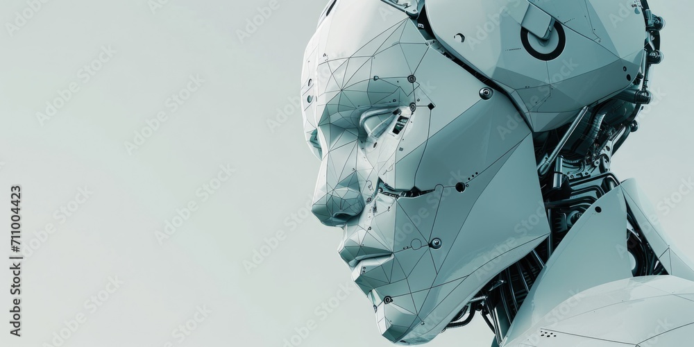 Poster a close up view of a robot's head against a blue sky background. perfect for technology or futuristi