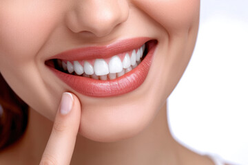 Obraz premium A girl with a perfect smile and white teeth points her fingers at her teeth and smiles on a white background