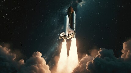 A space shuttle taking off into the sky. Suitable for technology, space exploration, and futuristic concepts