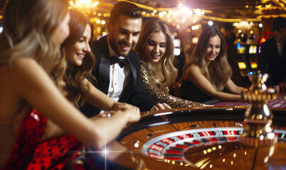 People playing roulette at casino table, gambling money and placing bets