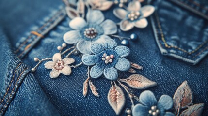 A detailed close-up of a denim jacket adorned with beautiful flowers. This trendy jacket is a perfect addition to any casual outfit.