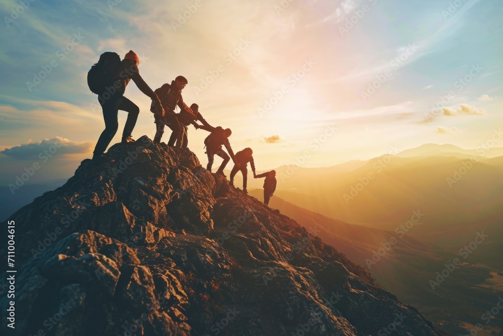 Poster a group of people standing on top of a mountain, holding hands. this image can be used to symbolize 