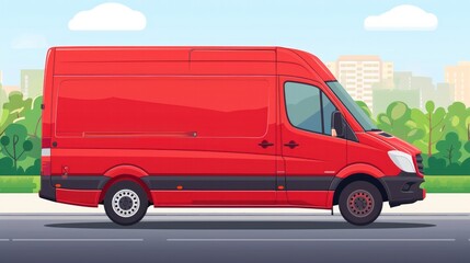 Red delivery van. Express delivery services commercial truck. Flat vector illustration