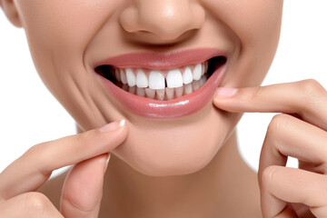 A girl with a perfect smile and white teeth points her fingers at her teeth and smiles on a white background
