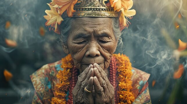 A picture of an old woman wearing a crown. This image can be used to represent royalty, aging, or wisdom