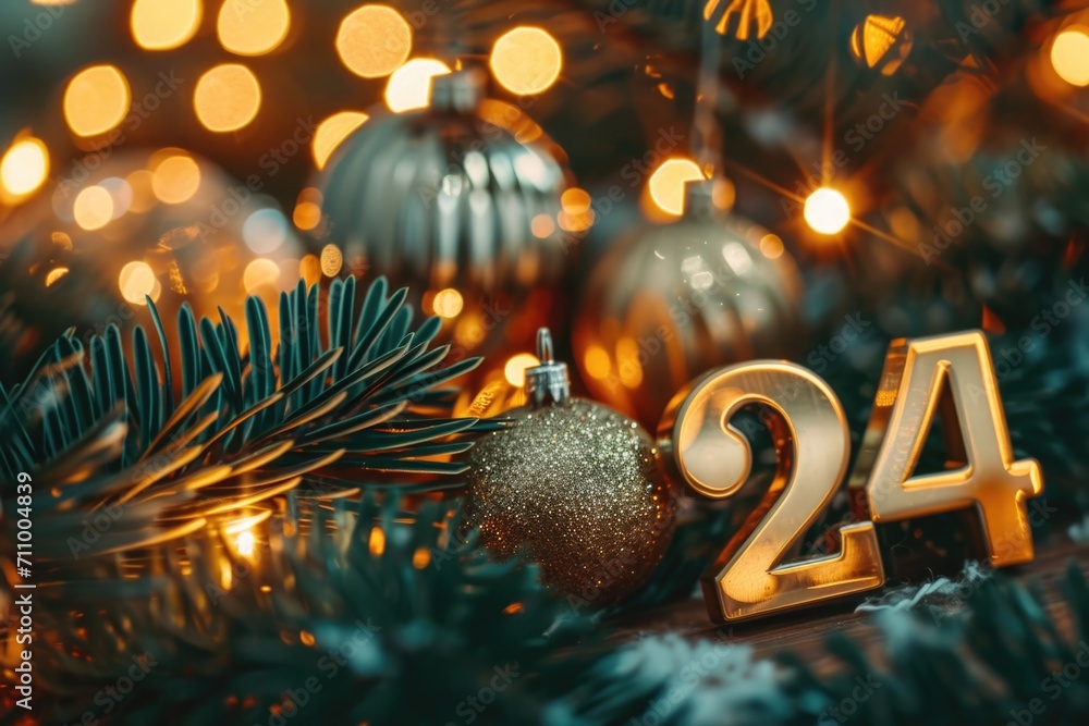Poster A detailed close-up of a number displayed on a Christmas tree. Perfect for adding a festive touch to holiday designs