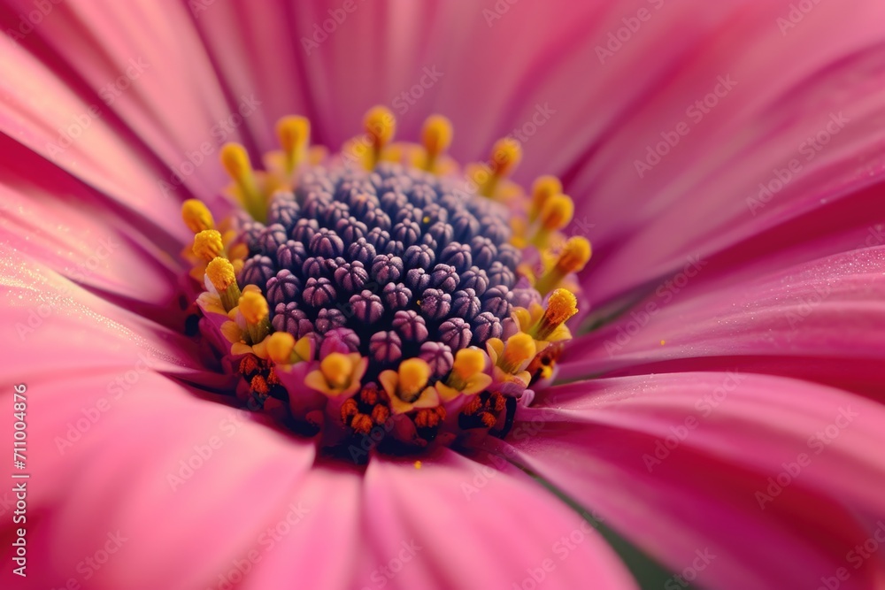 Poster A close-up view of a pink flower with vibrant yellow stamens. Perfect for adding a pop of color to any floral arrangement or garden.
