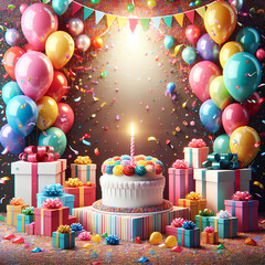 Fototapeta na wymiar birthday card with gift boxes and balloons
