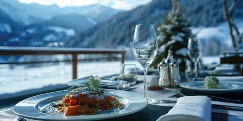 Fototapeta premium A plate of food is sitting on a table. Suitable for various food-related concepts and designs