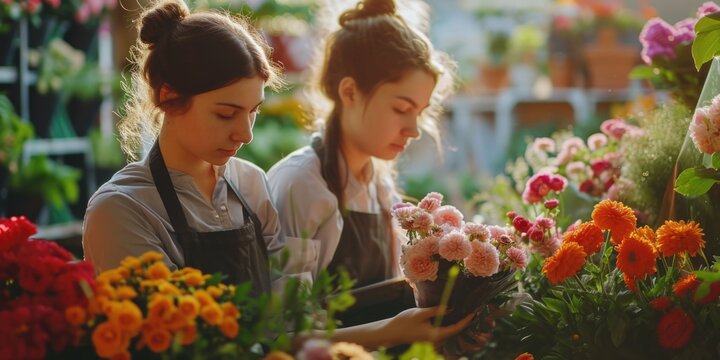 Two women are observing flowers in a flower shop. This image can be used to depict friendship, shopping, or the beauty of nature