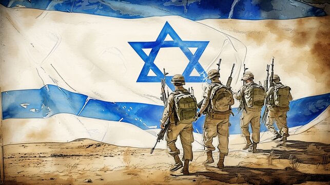 Generative AI image of watercolor painting of Israelis soldiers on a flag of israel