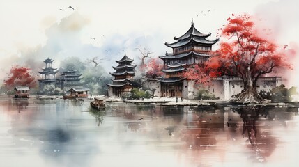 Oriental watercolor painting of an ancient water town