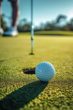 A golf ball and club are pictured on the ground. This image can be used to depict a golf game or sports equipment