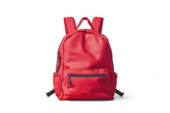 A red backpack is displayed on a plain white background. This versatile image can be used in various contexts