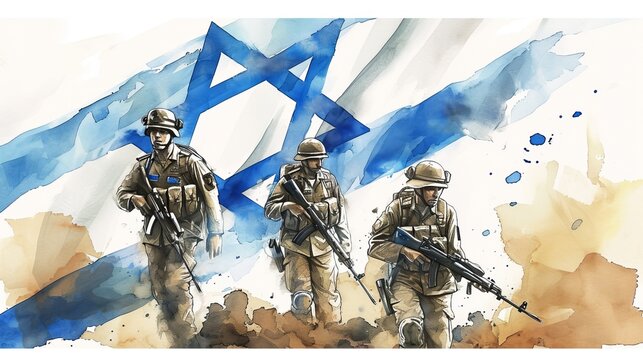 Generative AI image of watercolor painting of Israelis soldiers on a flag of israel