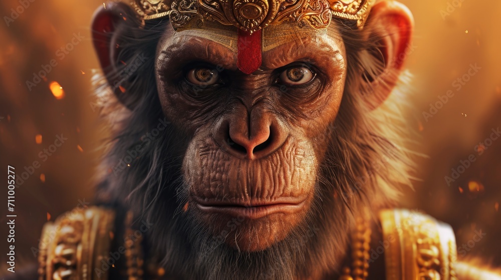 Poster a picture of a monkey wearing a crown on its head. suitable for various uses
