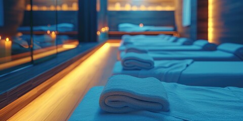 Obraz premium White towels neatly arranged on a bed. Perfect for hotel or spa themes