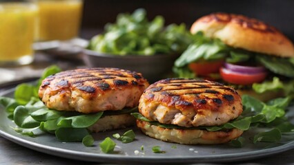 Highlight the succulence of a perfectly grilled chicken patty, focusing on the glistening surface that promises juicy tenderness. - Generative AI