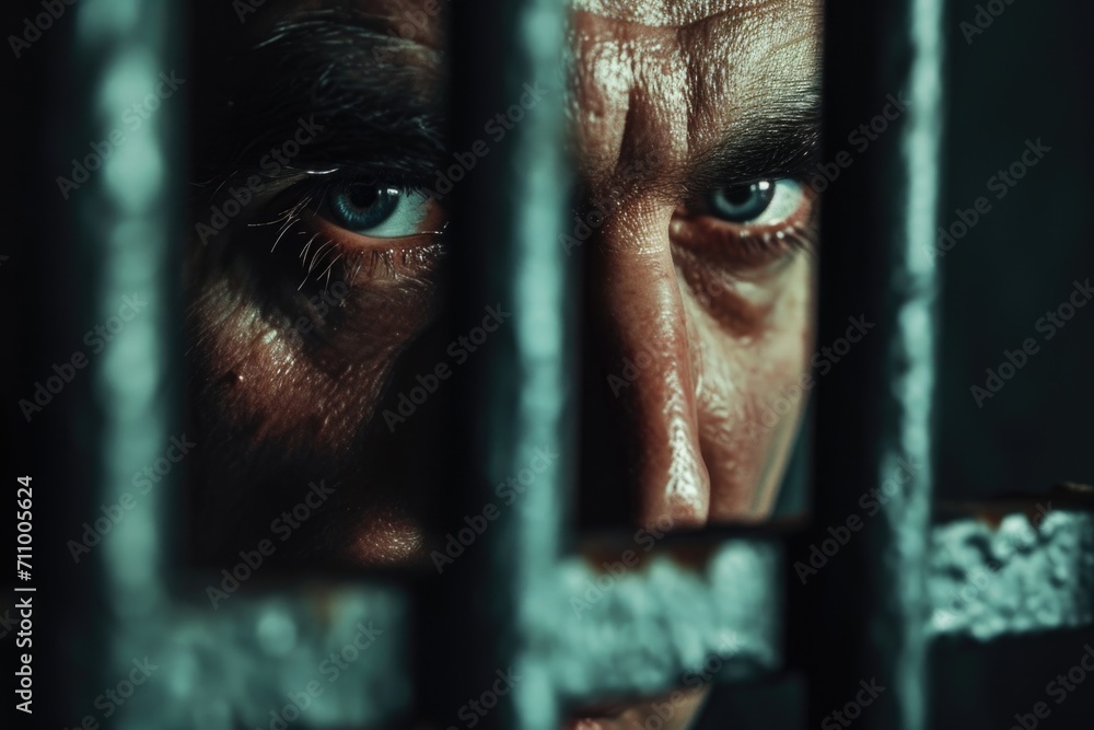 Poster A close-up view of a man's face behind prison bars. Suitable for crime-related themes and concepts