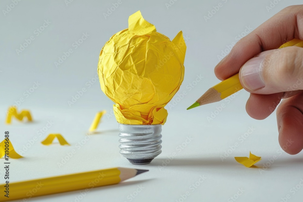 Poster A person is using a pencil to draw a light bulb. This image can be used to represent creativity and innovation