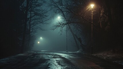 Obraz premium A picture of a street light illuminating a snowy road at night. Perfect for winter-themed designs and concepts