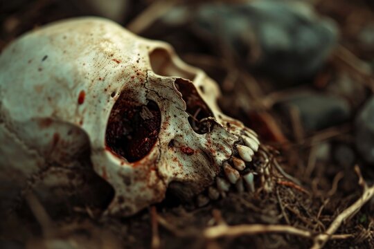 A close-up photograph of a dead animal skull lying on the ground. This image can be used to depict themes of death, decay, or the natural cycle of life