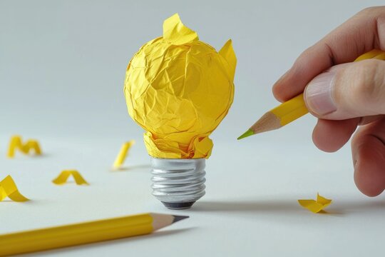 A person is using a pencil to draw a light bulb. This image can be used to represent creativity and innovation