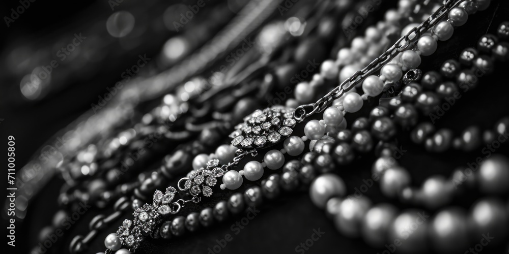 Poster A captivating black and white photo featuring a collection of necklaces. Perfect for adding elegance and style to any project or design