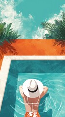 Fototapeta na wymiar a swimming holiday illustration with an attractive woman in a hat lounging in the pool