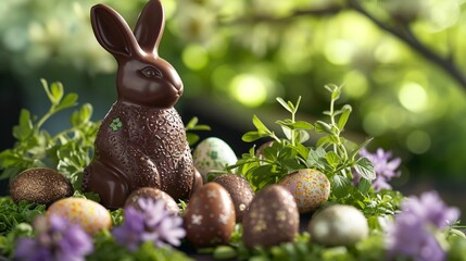 Fototapeta na wymiar A captivating composition capturing the sweetness of Easter, highlighting a finely crafted chocolate bunny accompanied by an assortment of intricately designed Easter eggs.