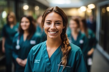 Confident female doctor or nurse in scrubs smiling at the camera