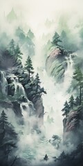 Misty mountain landscape with waterfalls and trees