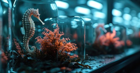 Seahorse in a glass jar on the table. 3d rendering