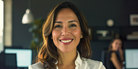 35 year old Latina woman, blurred office background - obrazy, fototapety, plakaty