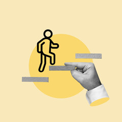 Man hand, holding a wooden step, walk up, Help, Steps, Stairs, Support, Move up, One step,...