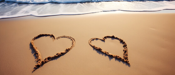 Two hearts drawn in the sand at a lovely beach.