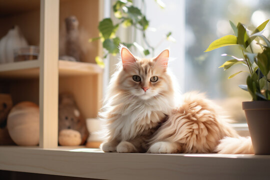 A fluffy cat with a cream coat basks in sunlight by a window, surrounded by plants. The image evokes a peaceful, homely vibe, suitable for interior design or wellbeing content