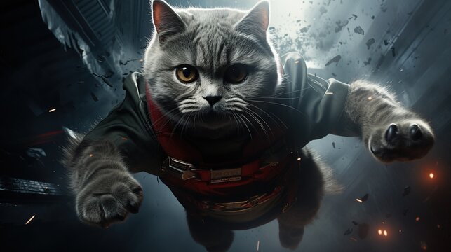 A grey cat wearing a red and black superhero costume is flying through a dark city.