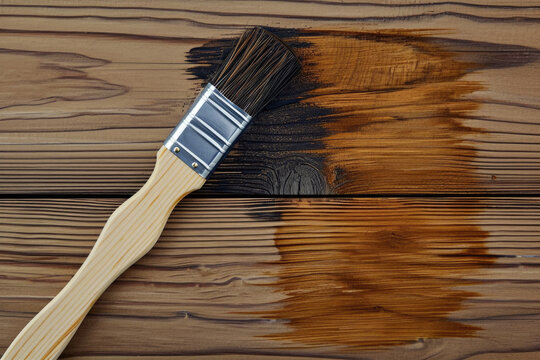 Brush rests on the wooden surface, applying varnish, painting wood