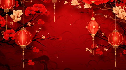 Obraz premium Chinese lanterns hanging on a red background, maroon and beige style, floral prints, collaboration, use of common materials. ideal banner for chinese new year design.