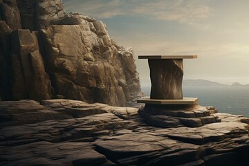 Tan lectern on rock backdrop with coordinated surface - CGI visualization. Generative AI