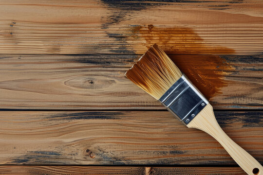 Brush rests on the wooden surface, applying varnish, painting wood