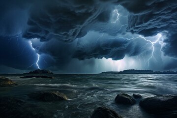 Intense storm over sea. Generative AI - obrazy, fototapety, plakaty