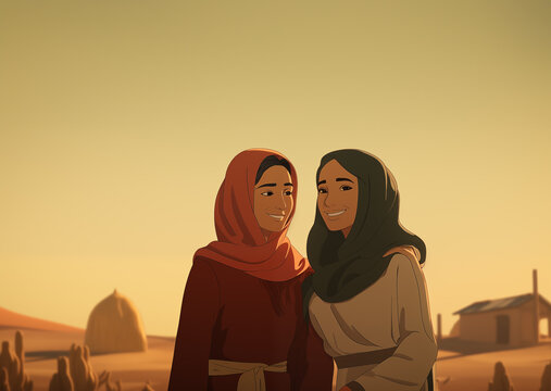 Two Israelite women talking in the wilderness