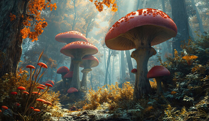 Fantasy forest with fly agaric mushrooms - obrazy, fototapety, plakaty