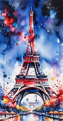 Illustration Eiffel tower in dynamic paint splash,watercolor style. 