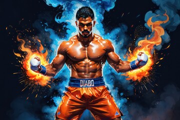 Muscular asian boxer making eye contact amid a backdrop of flames and smoke.