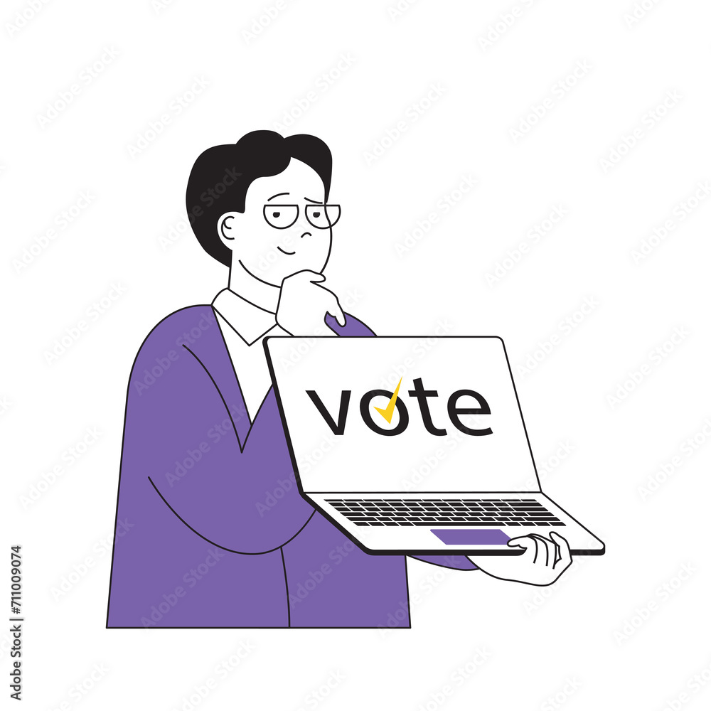 Poster online voting concept with cartoon people in flat design for web. man making decisions and approves 